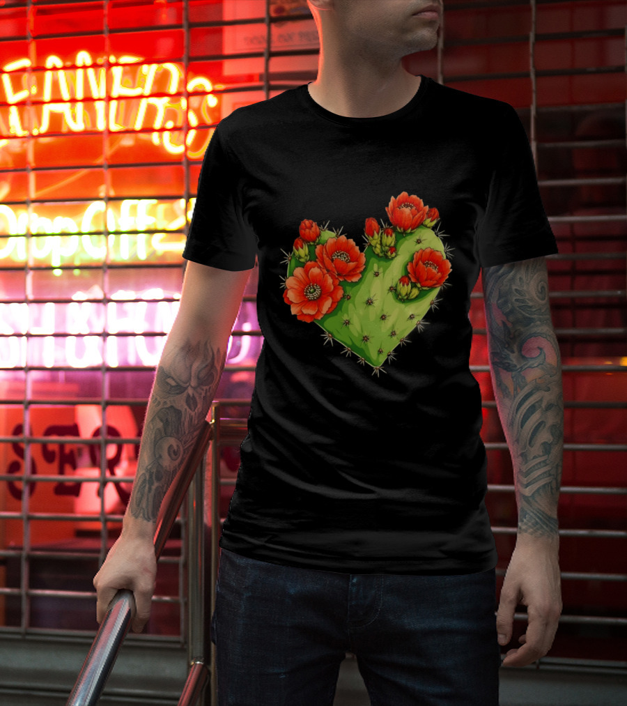 Heart Shaped Cactus With Vibrant Red Flowers T-Shirt
