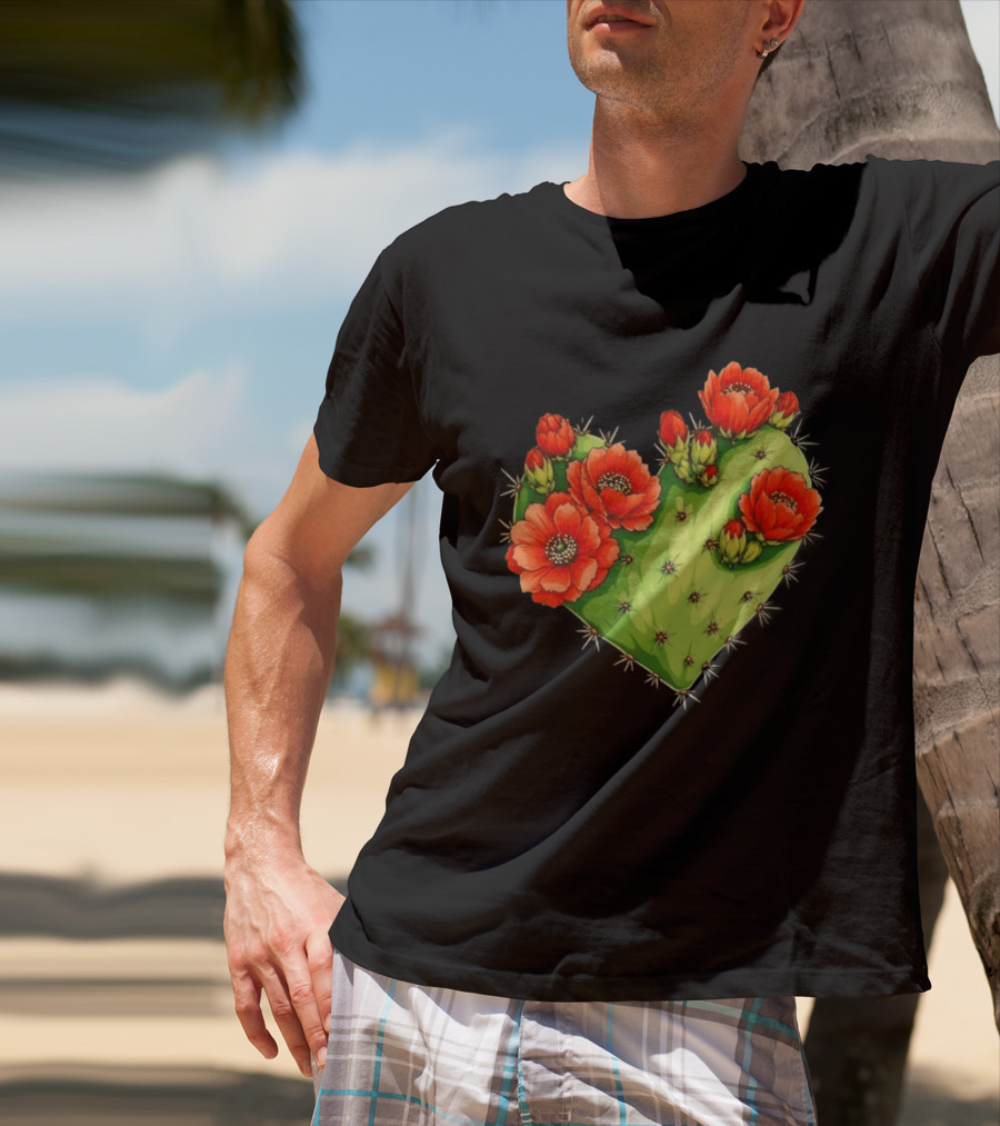 Heart Shaped Cactus With Vibrant Red Flowers T-Shirt