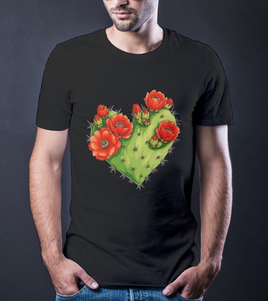 Heart Shaped Cactus With Vibrant Red Flowers T-Shirt