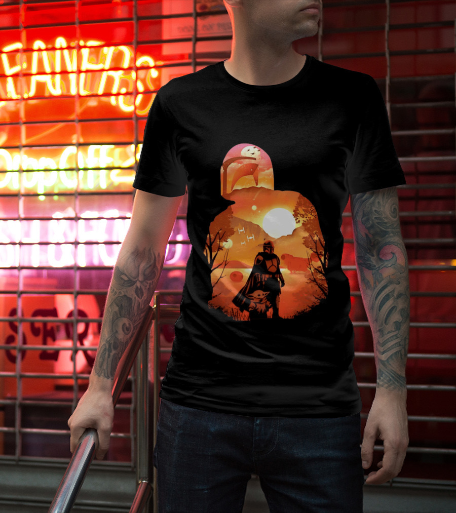Hunting Companions Bounty Hunter Sunset Mandalorian Grogu Art By Dandingeroz T-Shirt