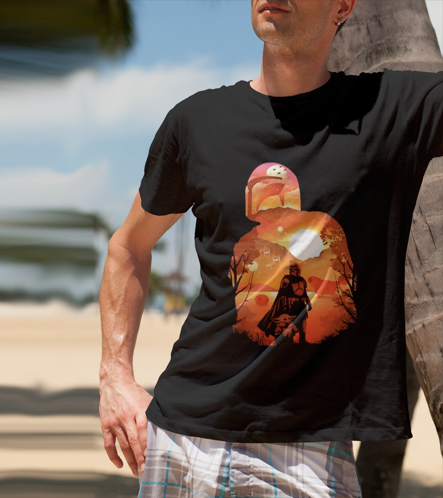 Hunting Companions Bounty Hunter Sunset Mandalorian Grogu Art By Dandingeroz T-Shirt