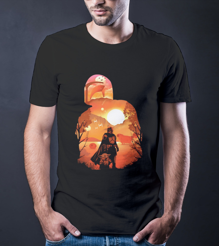 Hunting Companions Bounty Hunter Sunset Mandalorian Grogu Art By Dandingeroz T-Shirt