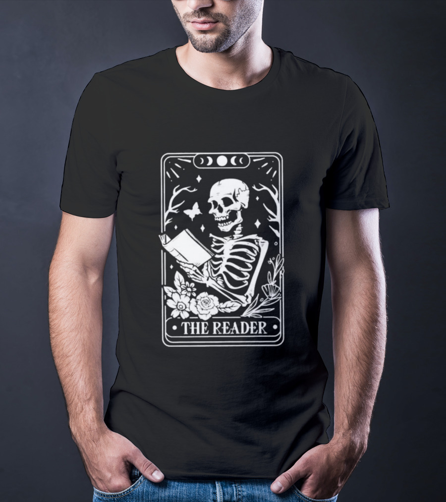 The Reader Skeleton Book Moon Phases Floral Tarot Card T-Shirt