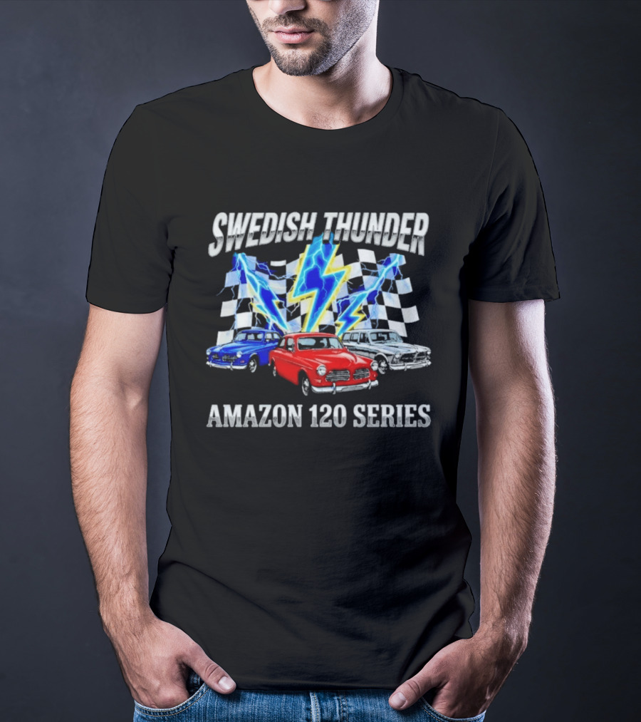 Swedish Thunder Amazon 120 Series Classic Car With Lightning And Checkered Flags T-Shirt