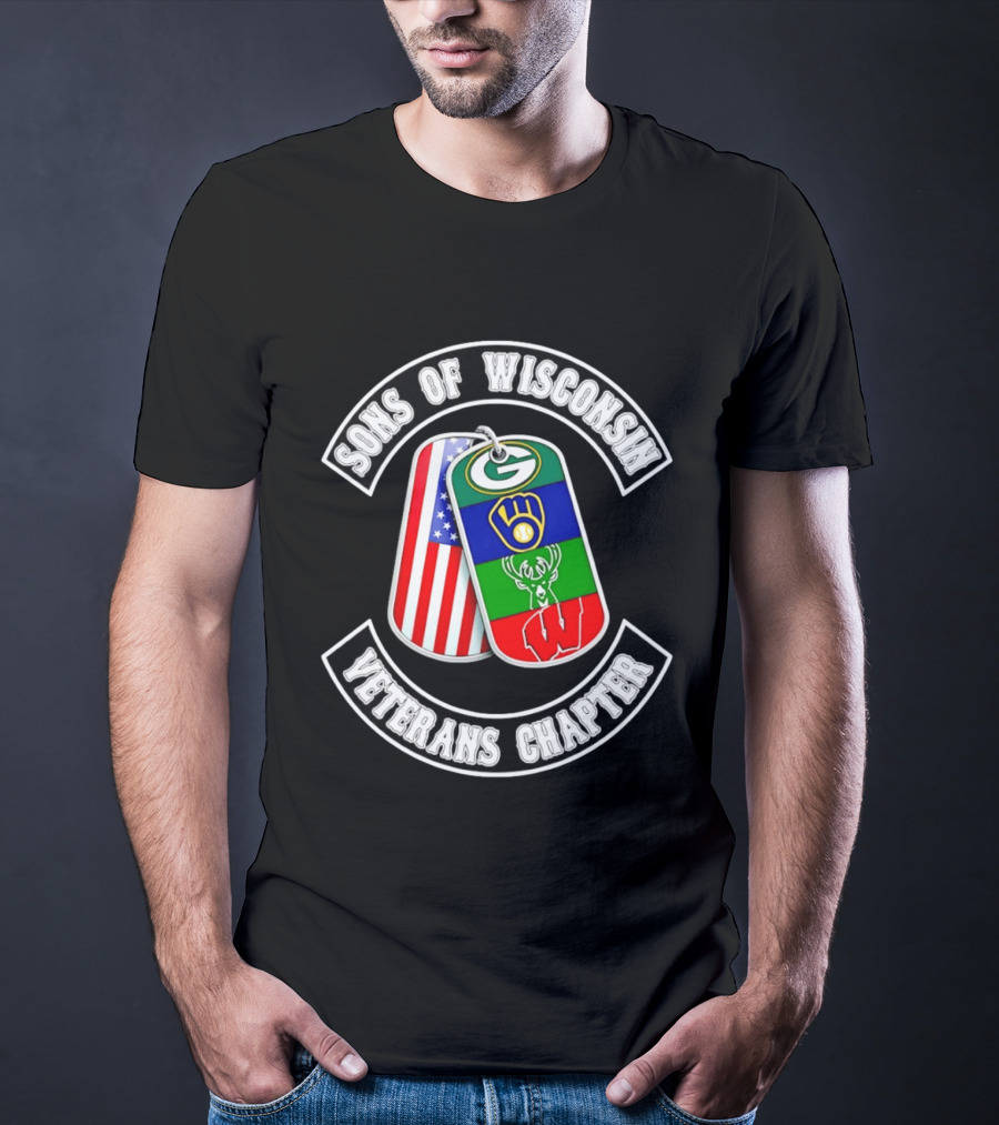 Sons Of Wisconsin Veterans Chapter Green Bay Packers Milwaukee Brewers Milwaukee Bucks Badgers American Flag Dog Tags T-Shirt