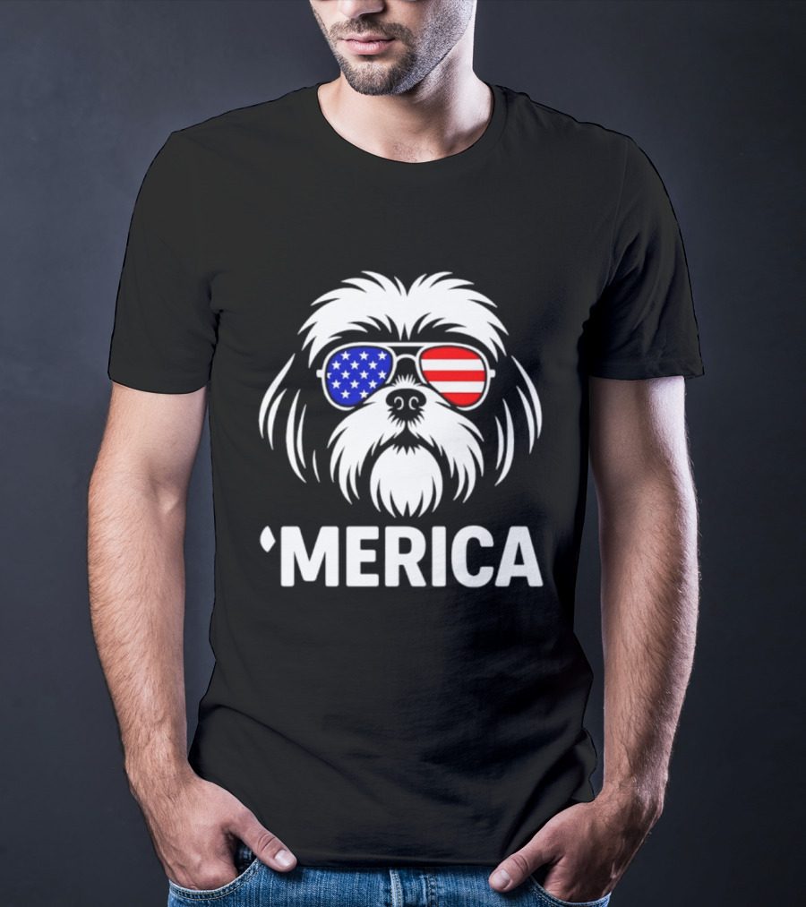 Shih Tzu Dog 'Merica American Flag Sunglasses T-Shirt