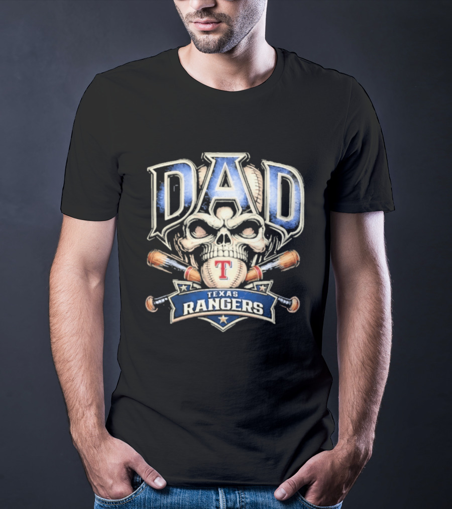 Dad Skull Baseball Crossed Bats Texas Rangers T-Shirt