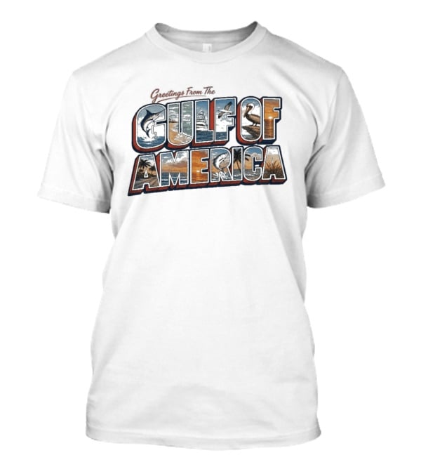 Greetings From The Gulf Of America Marlin Pelican Palm Trees Sunset Ocean Adventure T-Shirt