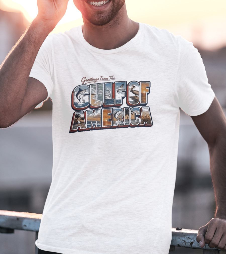 Greetings From The Gulf Of America Marlin Pelican Palm Trees Sunset Ocean Adventure T-Shirt