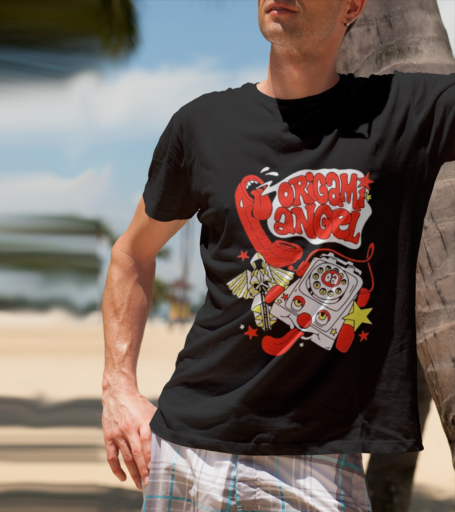 Origami Angel Retro Phone Illustration With Stars And Wings T-Shirt
