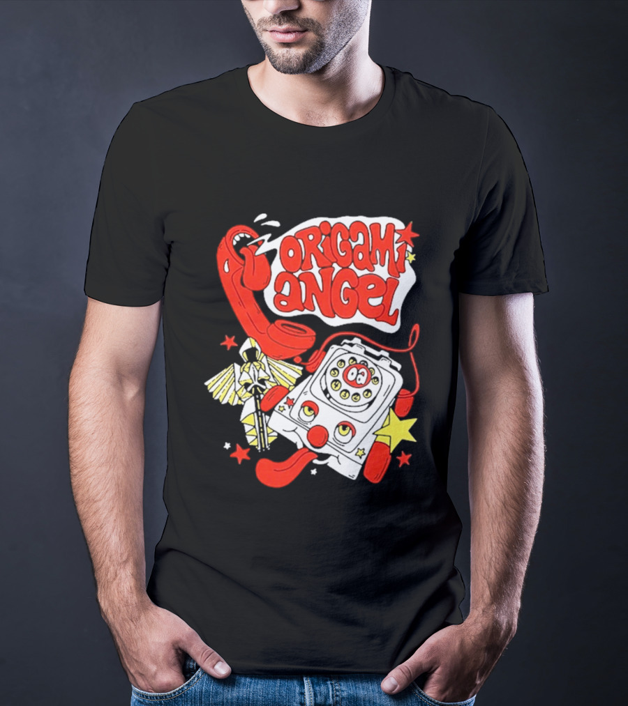 Origami Angel Retro Phone Illustration With Stars And Wings T-Shirt