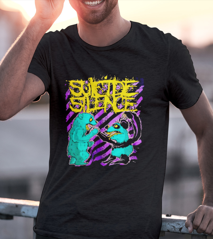 Suicide Silence Bears And Pandas Face Off In Striped Painting T-Shirt