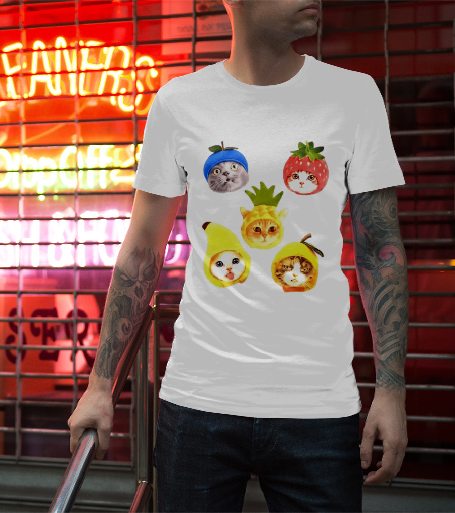 Whimsical Cats In Fruit Hats Blueberry Strawberry Pineapple Banana Apple T-Shirt