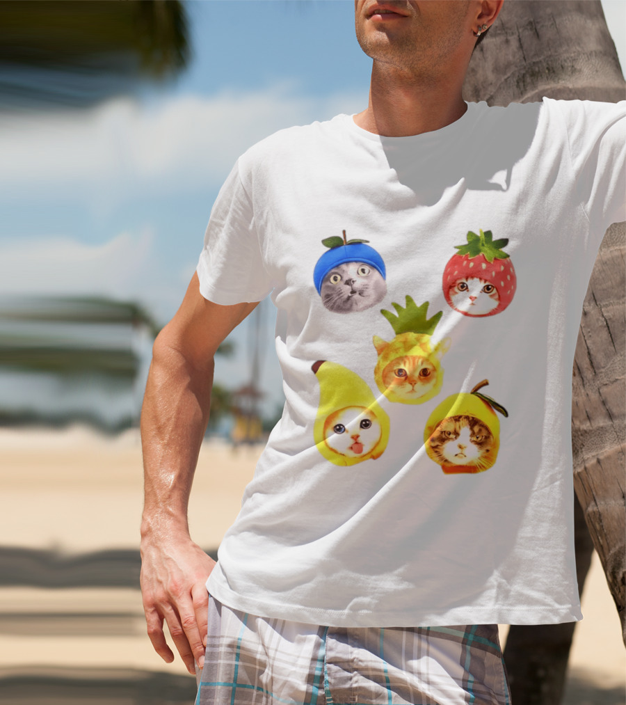 Whimsical Cats In Fruit Hats Blueberry Strawberry Pineapple Banana Apple T-Shirt