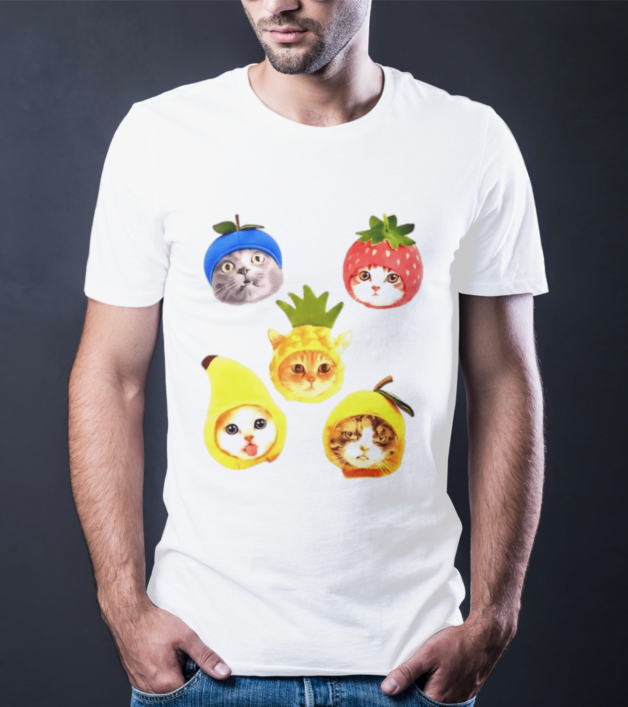 Whimsical Cats In Fruit Hats Blueberry Strawberry Pineapple Banana Apple T-Shirt