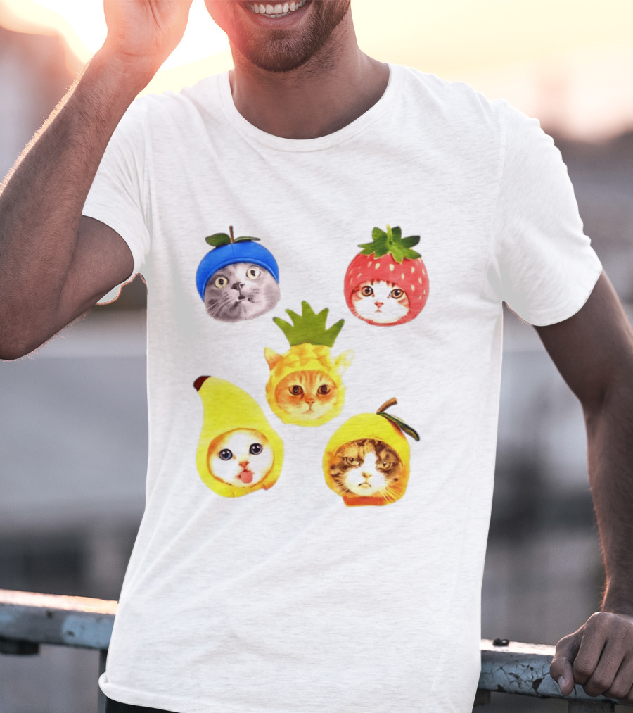 Whimsical Cats In Fruit Hats Blueberry Strawberry Pineapple Banana Apple T-Shirt
