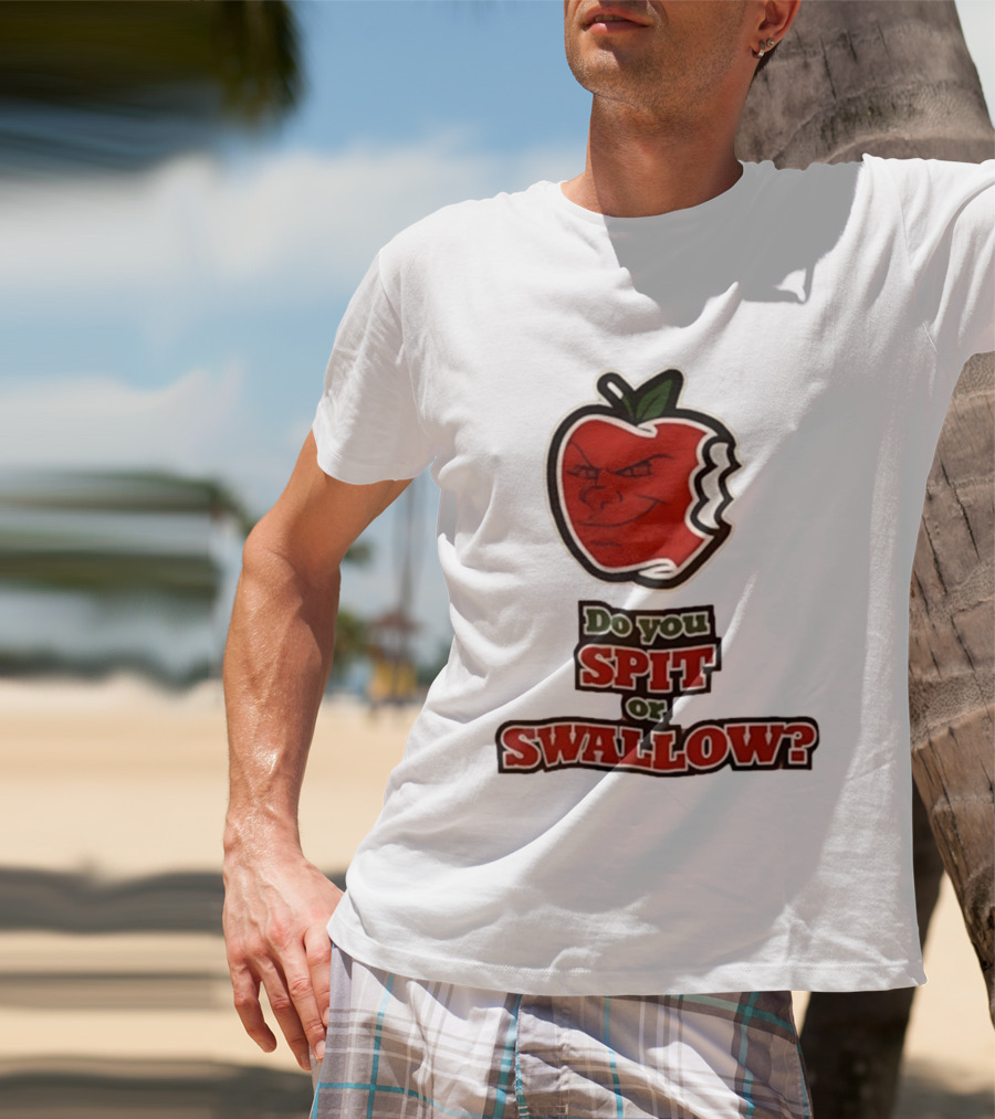 Do You Spit Or Swallow Question With Grinning Apple Bite T-Shirt