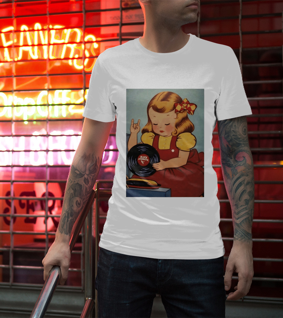 Girl Holding Black Sabbath Vinyl Heavy Metal T-Shirt