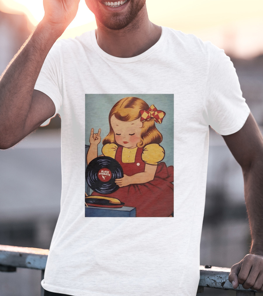Girl Holding Black Sabbath Vinyl Heavy Metal T-Shirt