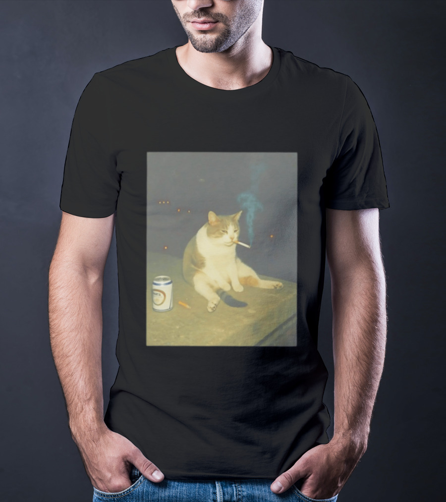 Depressed Cat Smoking Cigarette Meme With Beer Can T-Shirt