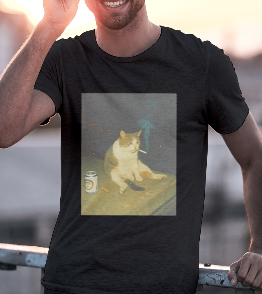 Depressed Cat Smoking Cigarette Meme With Beer Can T-Shirt