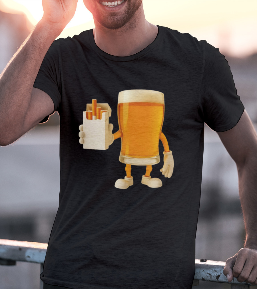 Beer Glass Holding Cigarettes Funny Drunk Cigs T-Shirt