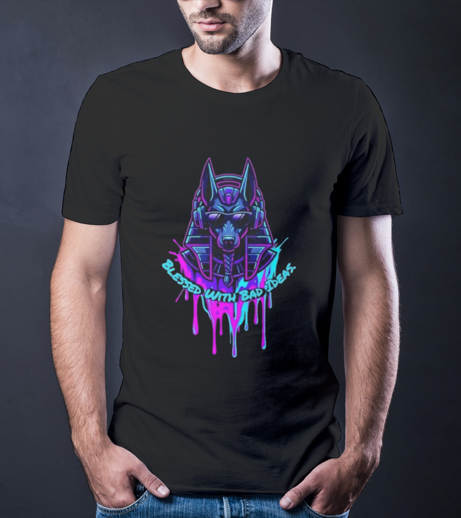Blessed With Bad Ideas Anubis Headphones Neon Egyptian Mythology T-Shirt