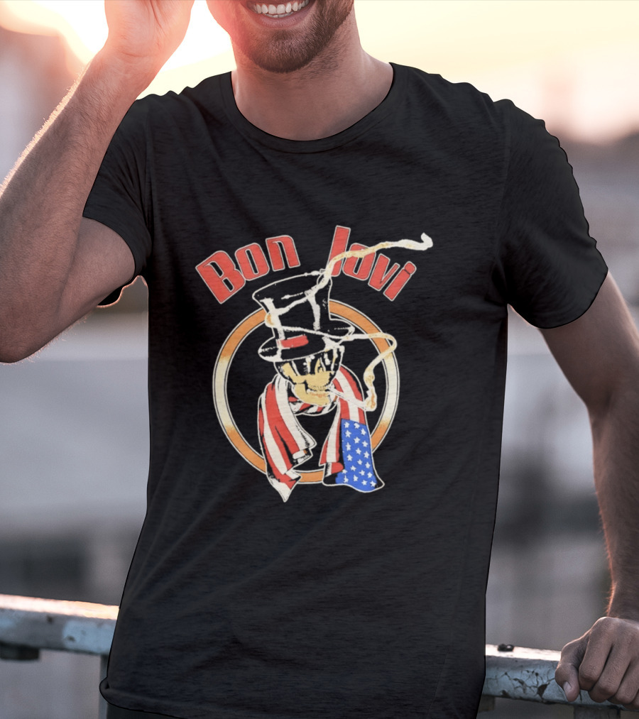 Bon Jovi American Skull With Patriotic Top Hat And Flag Scarf T-Shirt
