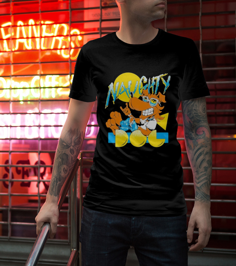 Naughty Dog Retro Cartoon Character With Sunglasses And Sunburst T-Shirt