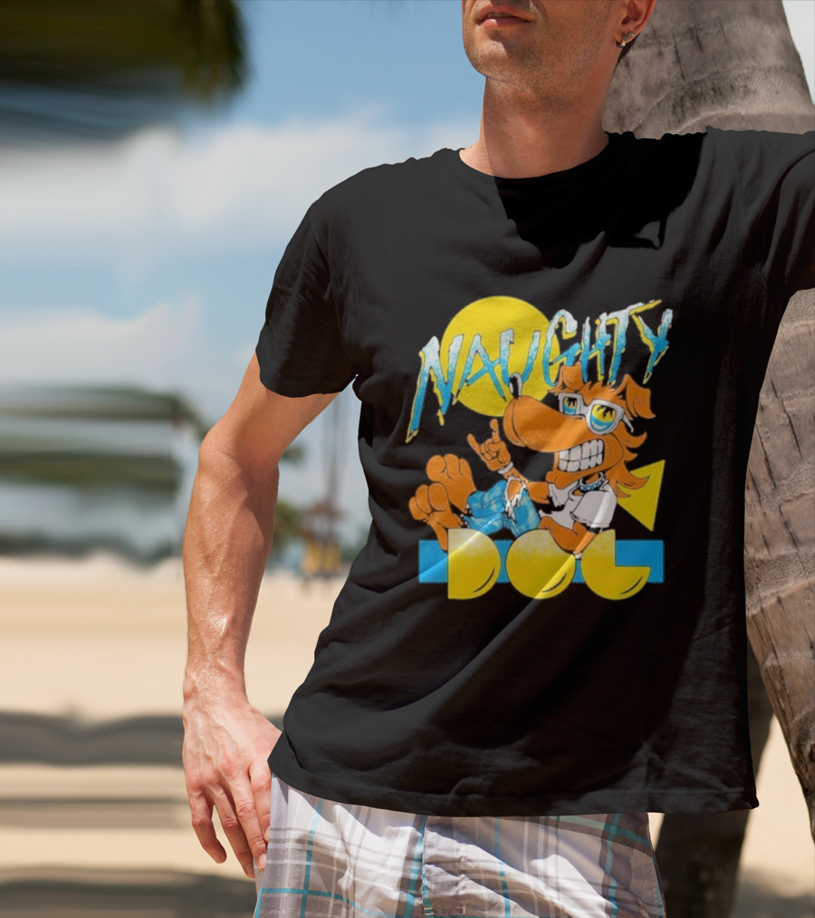 Naughty Dog Retro Cartoon Character With Sunglasses And Sunburst T-Shirt