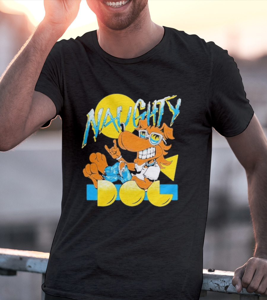 Naughty Dog Retro Cartoon Character With Sunglasses And Sunburst T-Shirt