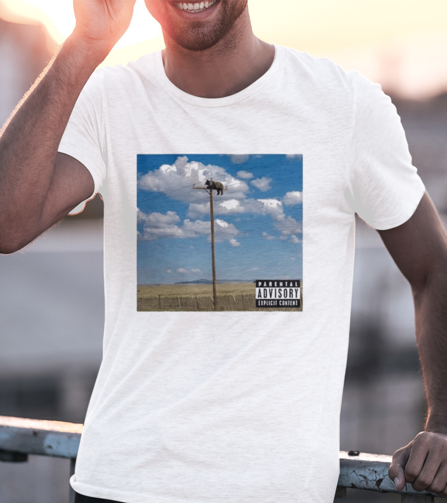 Bear On Top Of The Light Pole Parental Advisory Explicit Content Clouds Sky T-Shirt