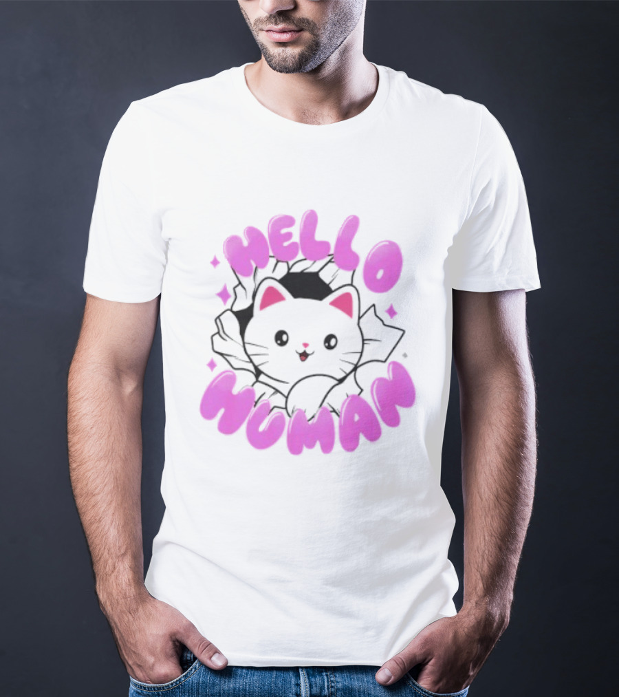 Hello Human Kawaii Cat Kitten Cute Pink T-Shirt