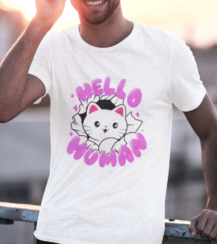 Hello Human Kawaii Cat Kitten Cute Pink T-Shirt