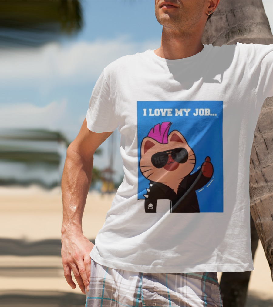 I Love My Job Punk Cat Help Sunglasses Office Humor Thumbs Up T-Shirt