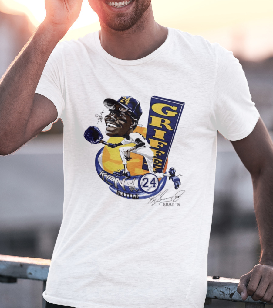 Ken Griffey Jr 24 Seattle Baseball Caricature Bruce Stark Signature T-Shirt