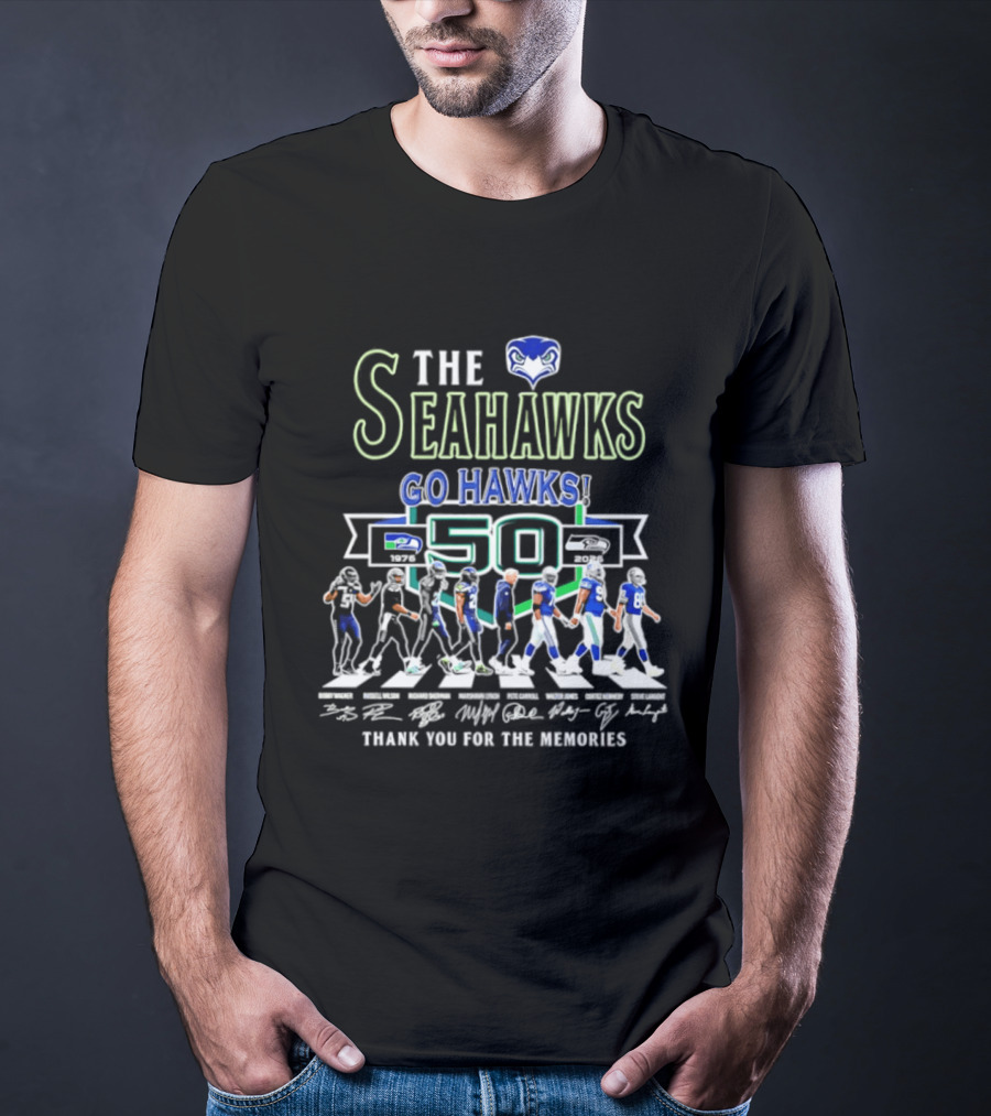 The Seahawks Go Hawks 50th Anniversary Thank You For The Memories 1976 2026 Signatures T-Shirt