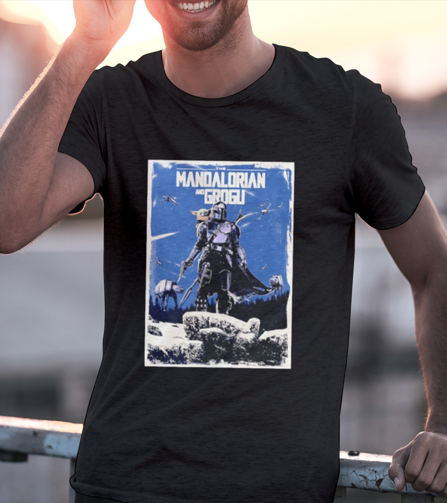 The Mandalorian And Grogu Star Wars Baby Yoda Scene With AT AT And X Wings T-Shirt