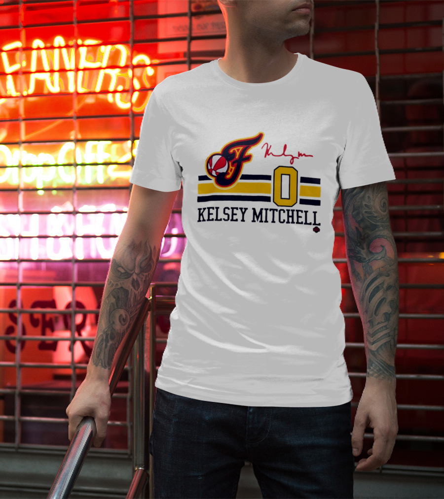 Kelsey Mitchell Indiana Fever No. 0 F Logo And Signature T-Shirt