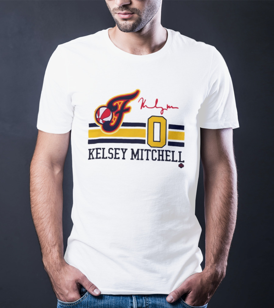 Kelsey Mitchell Indiana Fever No. 0 F Logo And Signature T-Shirt