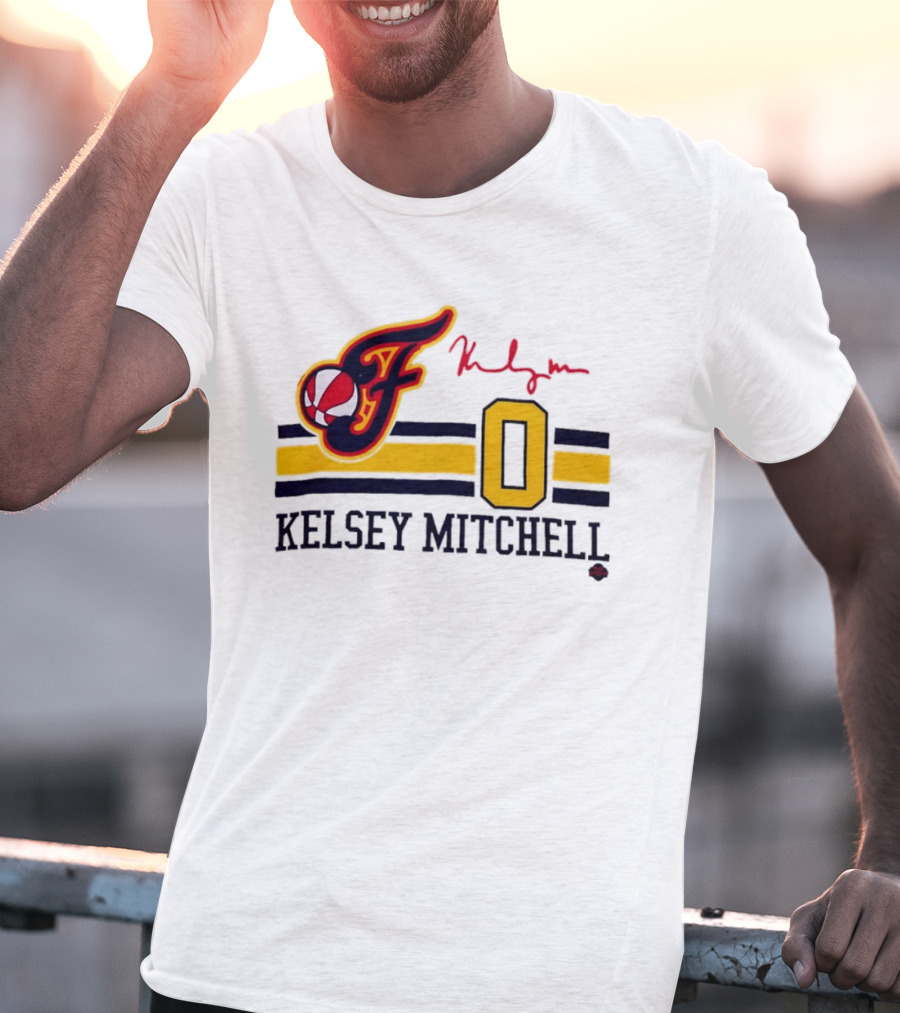 Kelsey Mitchell Indiana Fever No. 0 F Logo And Signature T-Shirt