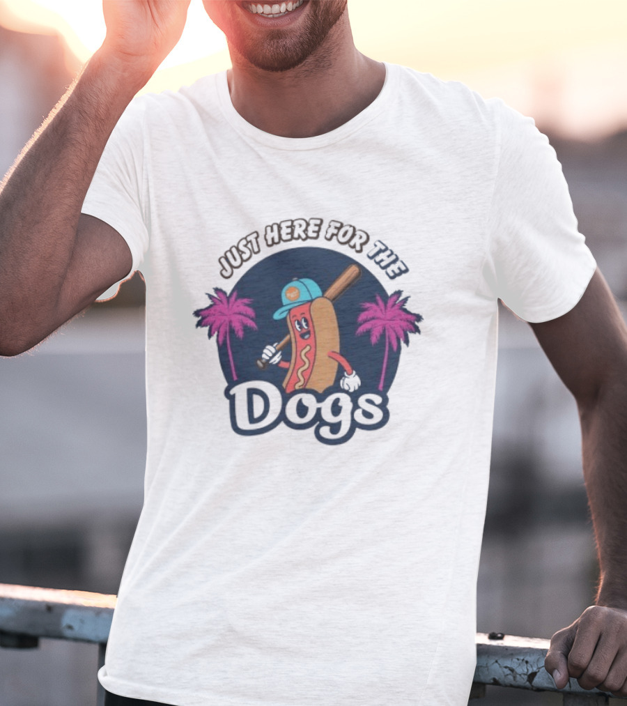 Just Here For The Dogs Cartoon Hot Dog Baseball Palm Trees T-Shirt