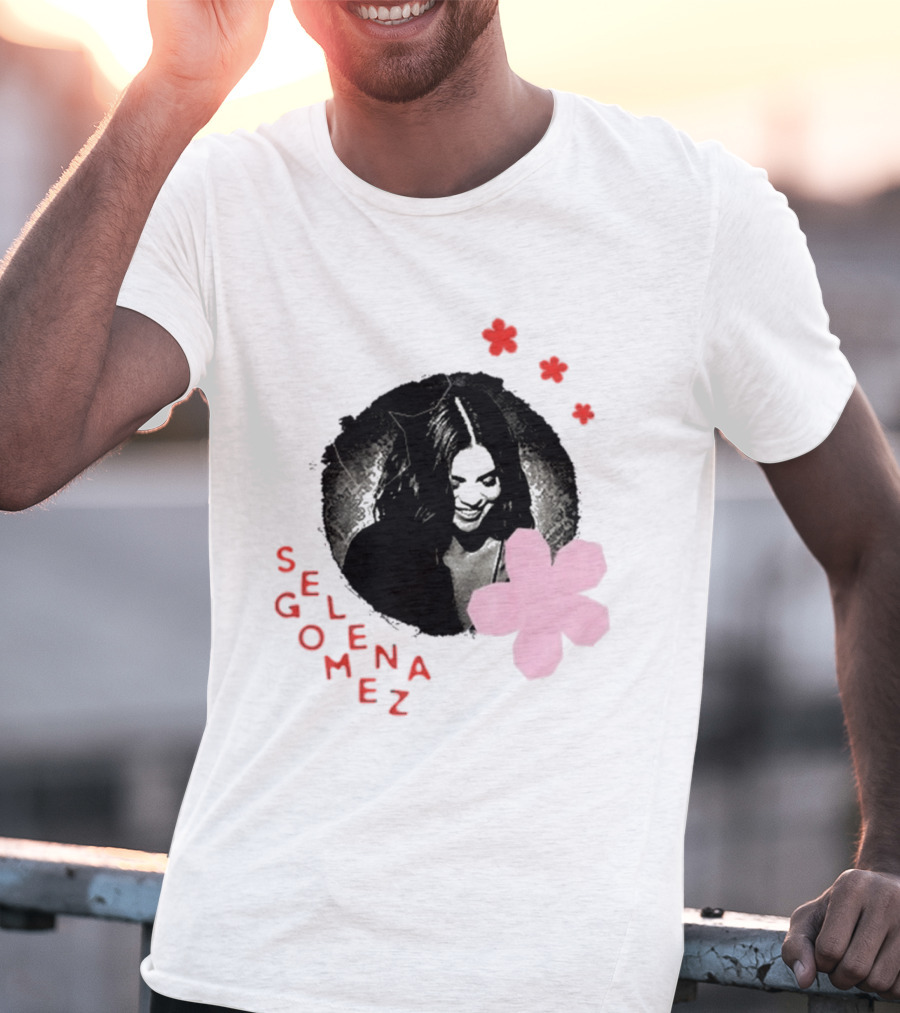Selena Gomez Smile With Pink Paper Flower And Red T-Shirt
