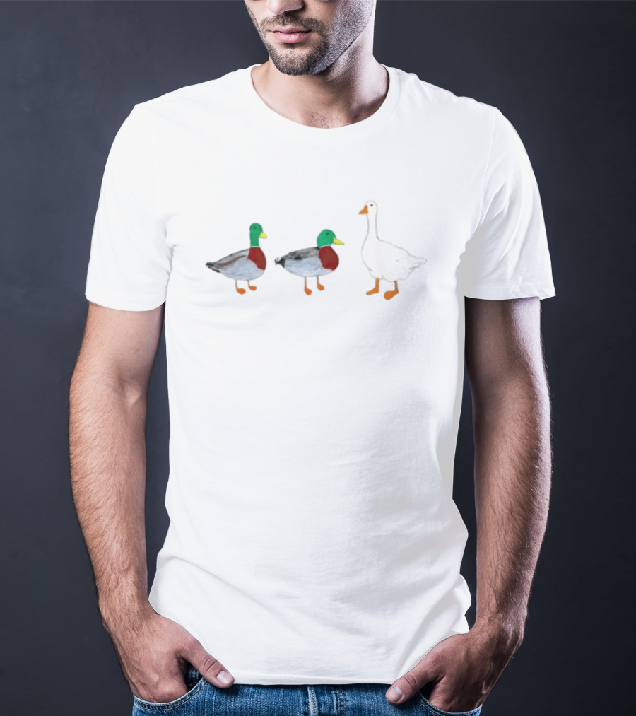 Two Mallard Ducks And A White Goose Duck Wildlife Scene T-Shirt