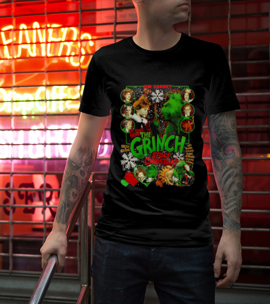 Jim Carrey Dr Seuss How The Grinch Stole Christmas Movie With Characters And Snowflakes T-Shirt