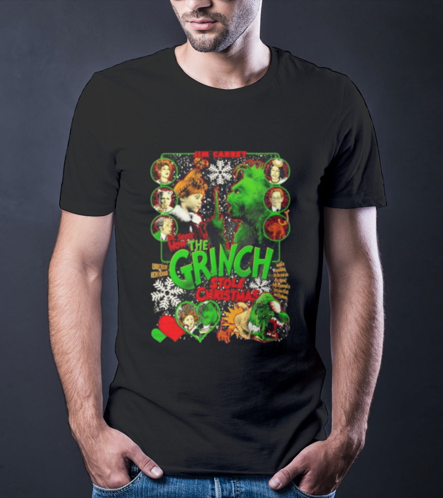 Jim Carrey Dr Seuss How The Grinch Stole Christmas Movie With Characters And Snowflakes T-Shirt