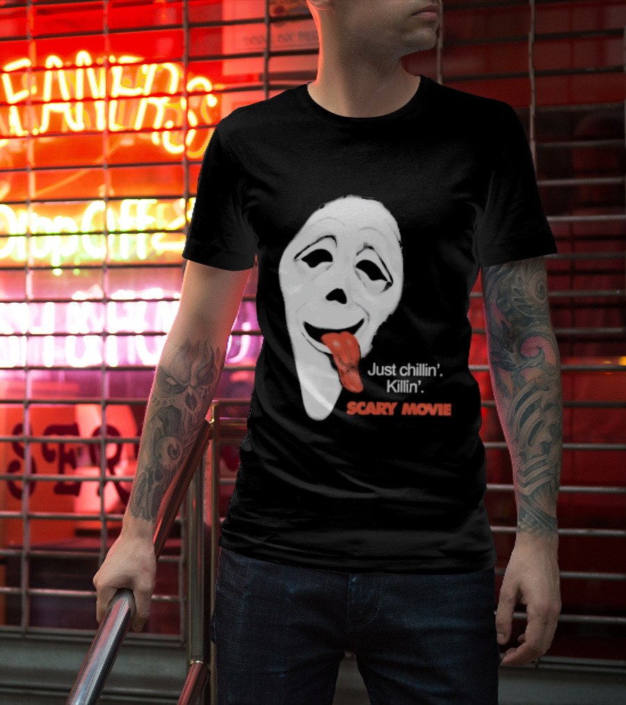 Just Chillin' Killin' Scary Movie Ghostface Mask With Red Tongue T-Shirt