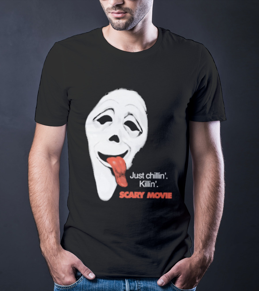 Just Chillin' Killin' Scary Movie Ghostface Mask With Red Tongue T-Shirt