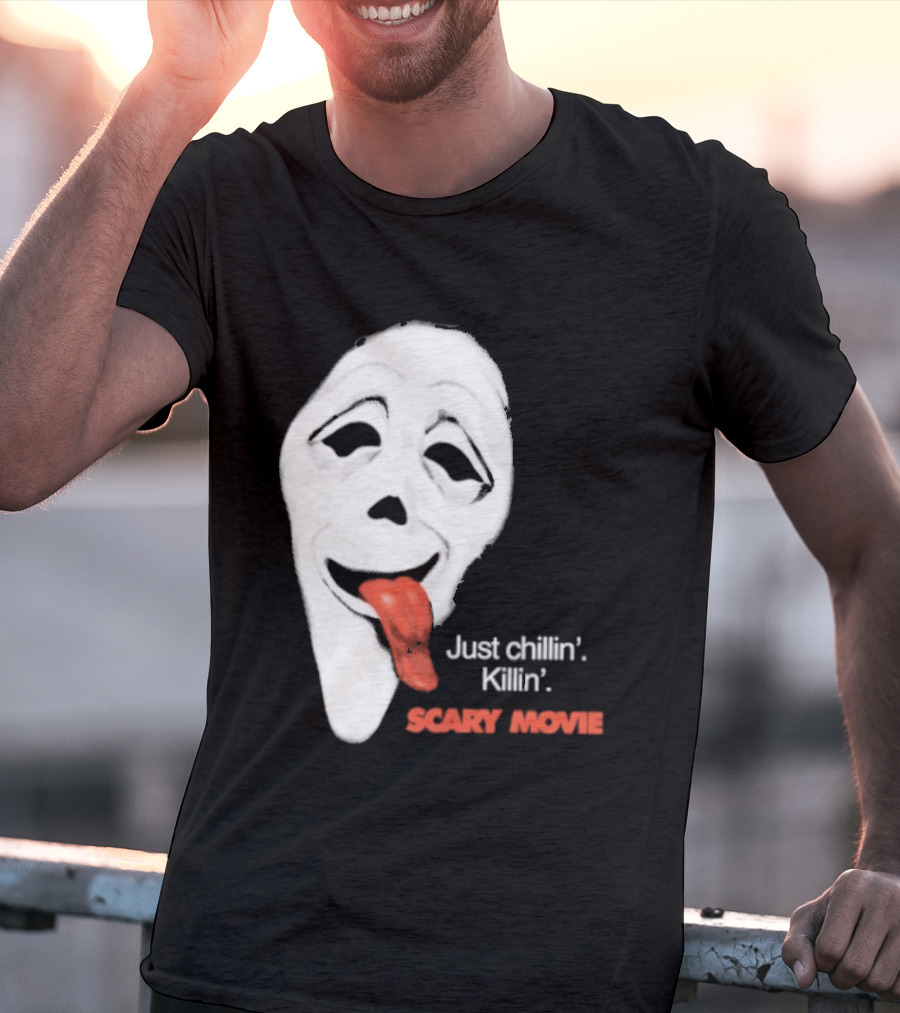 Just Chillin' Killin' Scary Movie Ghostface Mask With Red Tongue T-Shirt