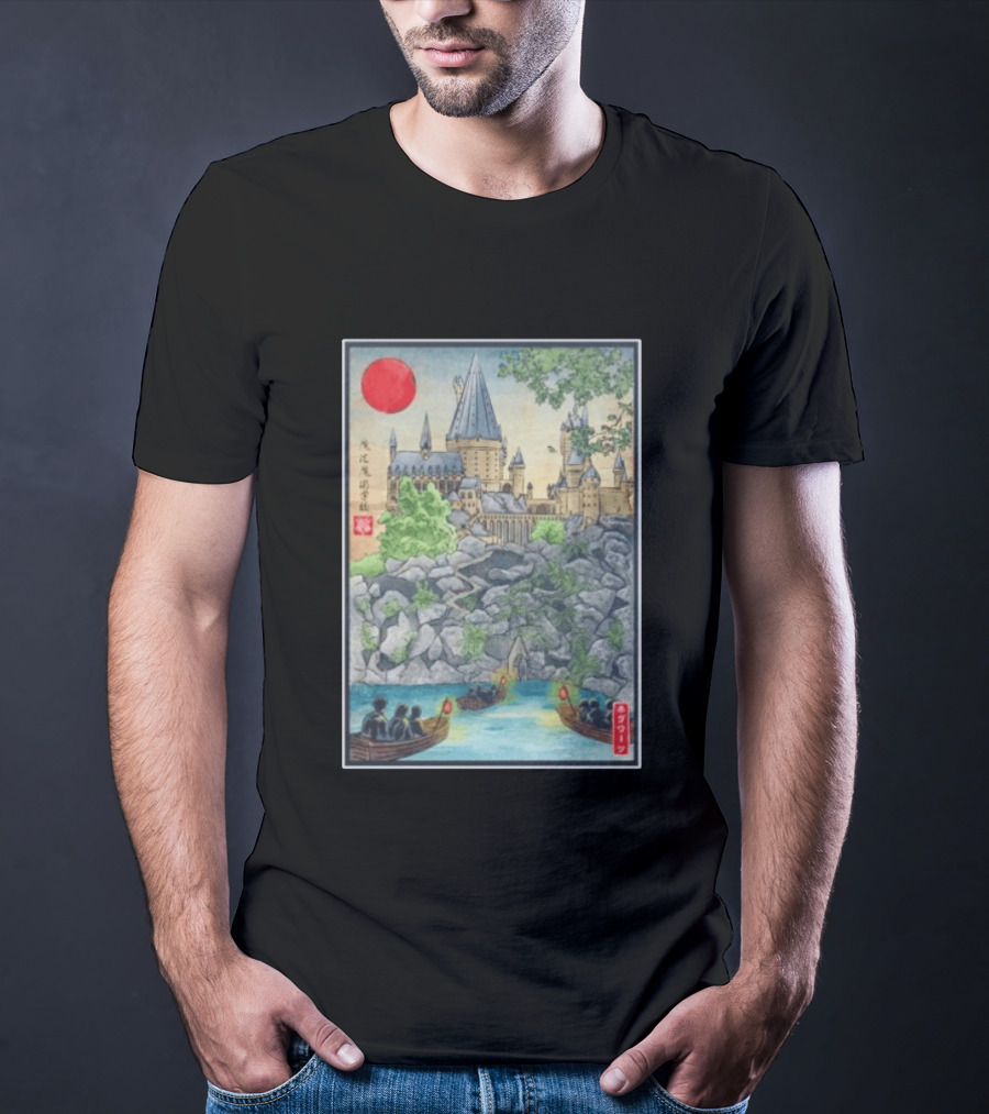 Hogwarts School Of Witchcraft And Wizardry Japanese Ukiyo E Style Castle With Boats And Red Sun T-Shirt